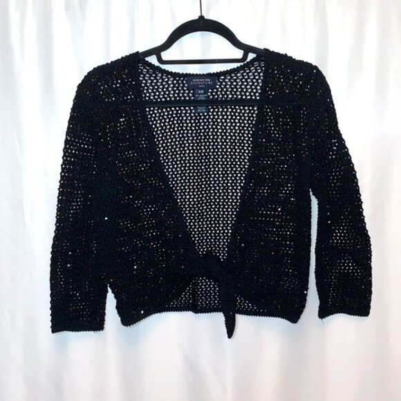 Jones New York Sig Black Open Knit Sequin Tie Front Cardigan Size small P - Picture 1 of 5